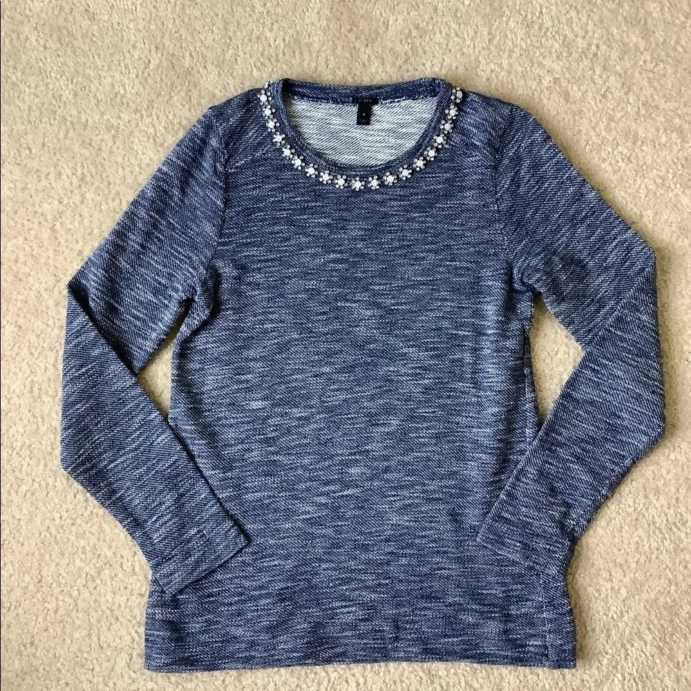 J. Crew Navy Marled Sweatshirt with Jeweled Neckline Size S